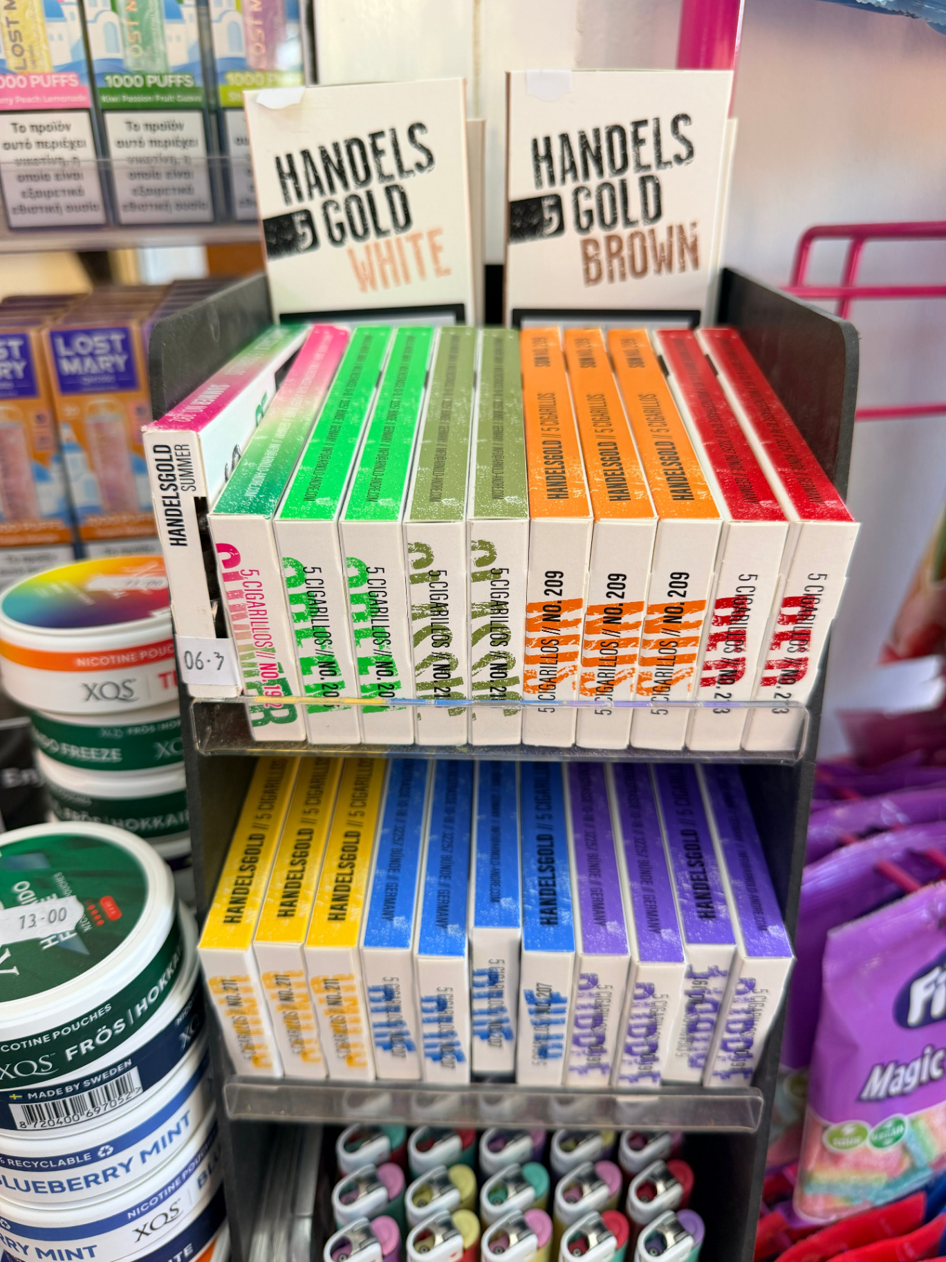 Handelsgold cigarillos display at AMOS SEASIDE Mini Market Marathi Chania Crete